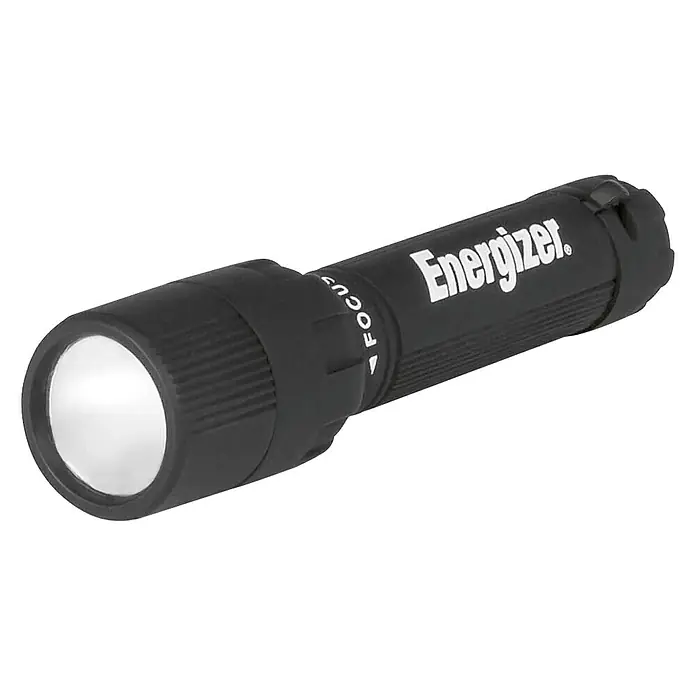 Energizer Linterna X-Focus - 2,9 x 2,9 x 15,8 cm, 7 lm - Una linterna Energizer negra con enfoque ajustable y el logotipo de Energizer en el lateral.