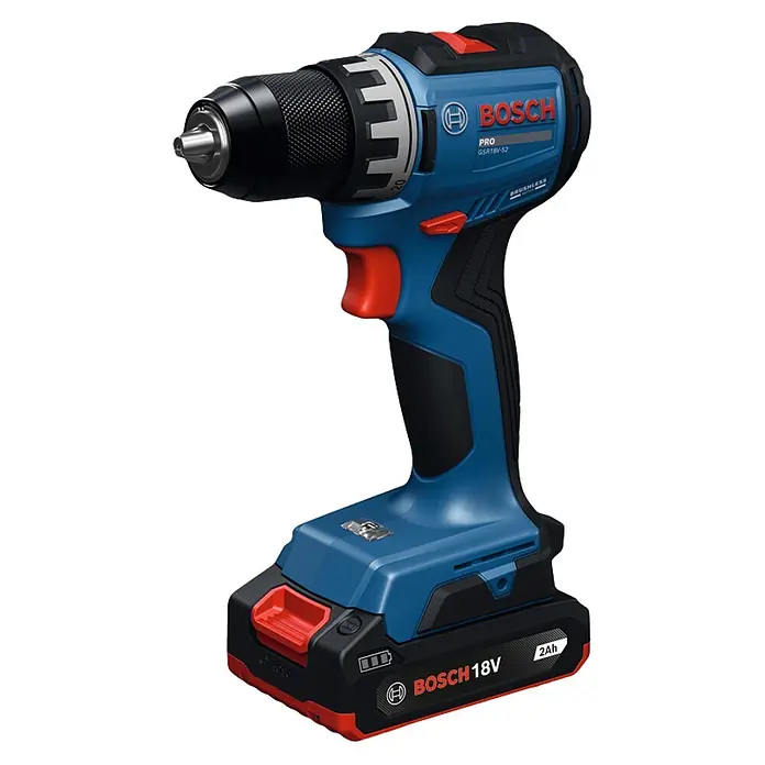 Bosch Professional AMPShare 18V Akku-Bohrschrauber - 18 V, 2 Akkus, 2 Ah, 70 Nm, 2 Akkus (2Ah), L-Case - Blauer und schwarzer Bosch 18V Akku-Bohrschrauber mit roten Akzenten und 2Ah Akku.