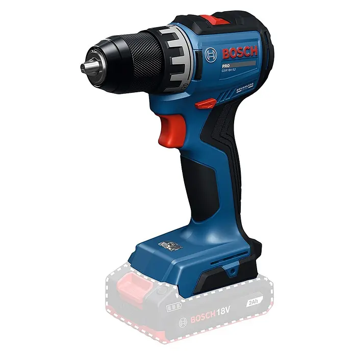 Bosch Professional AMPShare 18V Akku-Bohrschrauber GSR18V-52 - 18 V, Ohne Akku, 70 Nm, Ohne Akku - Blauer und schwarzer Bosch Professional Akku-Bohrschrauber mit roten Akzenten, zeigt Bohrfutter, Abzug und Teil eines 18V Akkus.