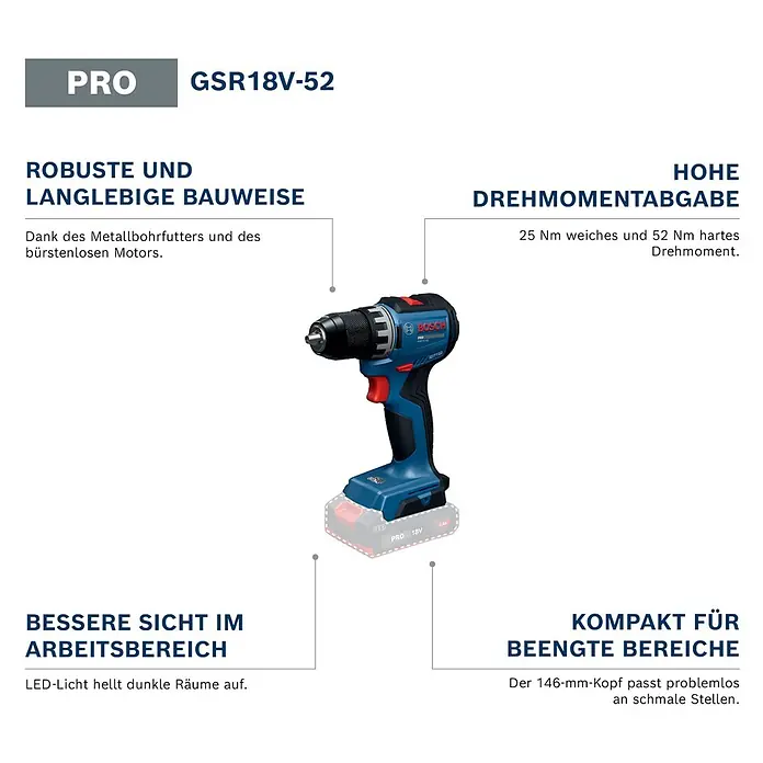 Bosch Professional AMPShare 18V Akku-Bohrschrauber GSR18V-52 - 18 V, Ohne Akku, 70 Nm, Ohne Akku - Ein blau-schwarzer Bosch GSR18V-52 Akku-Bohrschrauber mit Metallbohrfutter und roten Akzenten, mit Akku dargestellt.