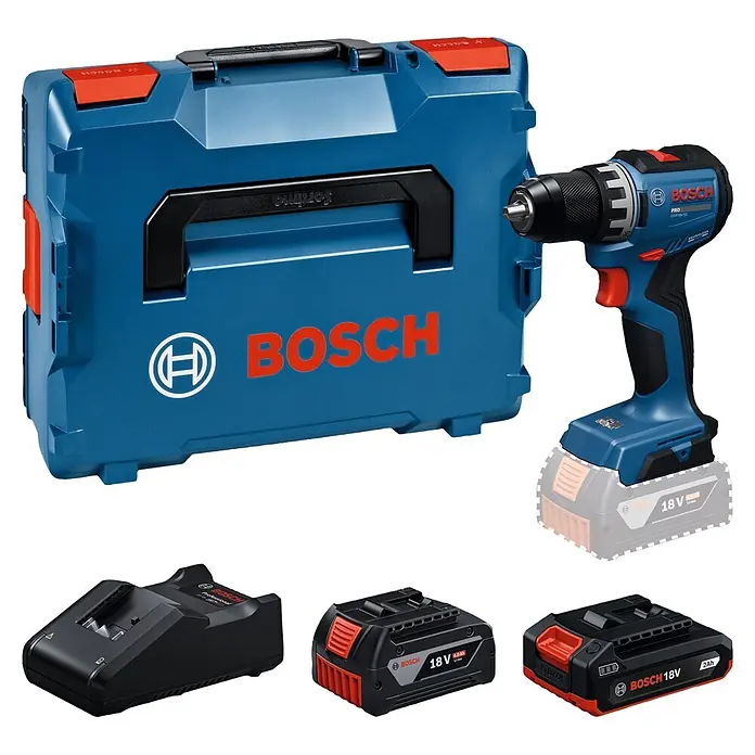 Bosch Professional AMPShare 18V Akku-Bohrschrauber - 18 V, 2 Akkus, 2 Ah - 4 Ah, 70 Nm, 2 Akkus (2/4 Ah), L-BOXX 136 - Bosch blauer und schwarzer Akku-Bohrschrauber mit drei 18V-Akkus (zwei 4,0Ah, ein 2,0Ah), einem Ladegerät und einem blauen Bosch Werkzeugkoffer.