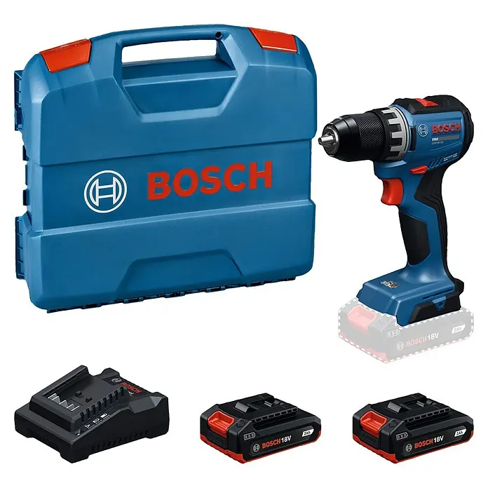 Bosch Professional AMPShare 18V Akku-Bohrschrauber - 18 V, 2 Akkus, 2 Ah, 70 Nm, 2 Akkus (2Ah), L-Case - Ein blaues Bosch Akku-Bohrschrauber-Set mit Bohrer, Koffer, Ladegerät und zwei 18V 2Ah Akkus.