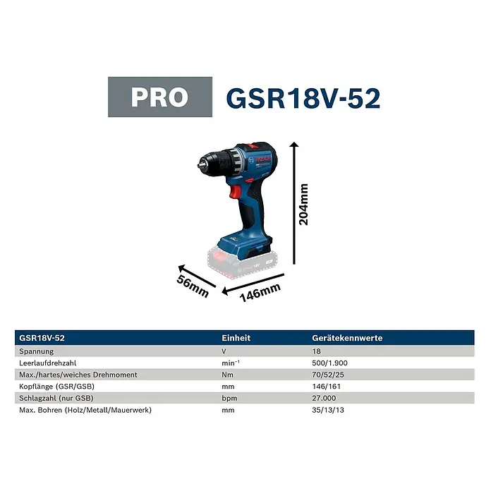 Bosch Professional AMPShare 18V Akku-Bohrschrauber GSR18V-52 - 18 V, Ohne Akku, 70 Nm, Ohne Akku - Blau-schwarzer Bosch GSR18V-52 Akku-Bohrschrauber, mit Maßen von 146x56x204mm.