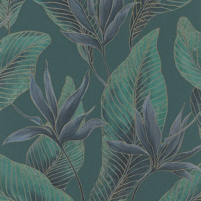 Marburg Whisper Vliestapete Floral - Grün-Blau, Floral, 10,05 x 0,53 m - Botanisches Muster mit dunkelblauen Blüten und großen grünen Blättern, akzentuiert mit goldenen Umrissen und Sprenkeln.