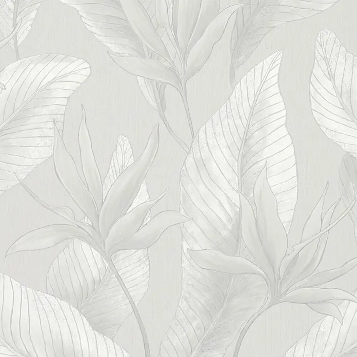 Marburg Whisper Vliestapete Floral - Grau, Floral, 10,05 x 0,53 m - Subtil strukturiertes, hellgraues nahtloses Muster mit tropischen Blättern und Paradiesvogelblumen.