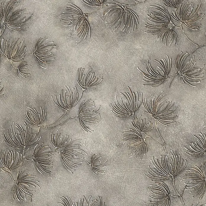 Marburg Whisper Vliestapete Floral I - Grau-Beige, Floral, 10,05 x 0,53 m - Strukturierte graue Wandverkleidung mit erhabenen metallischen Pflanzenmustern.