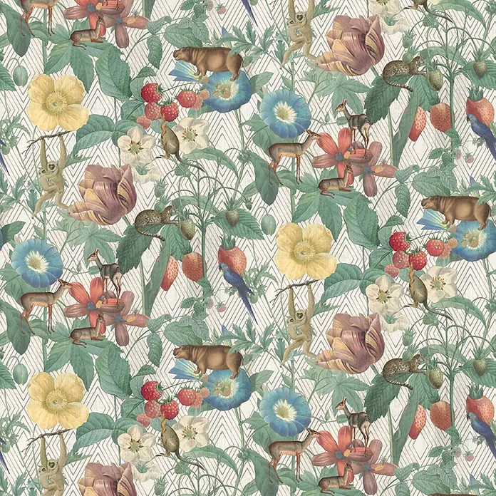 Marburg Smart Art Aspiration Fototapete Illustration V - B x H: 159 mm x 270 cm, Vlies - Nahtloses tropisches Muster mit farbigen Tieren, Blumen und Früchten. Ideal für Tapeten oder Stoffe.