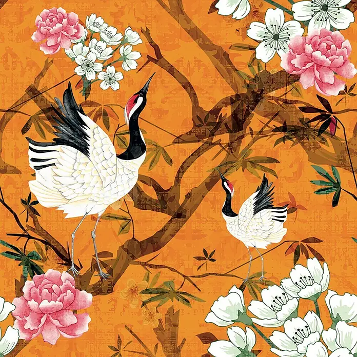 Marburg Smart Art Aspiration Fototapete Illustration VI - B x H: 2,65 mm x 270 cm, Vlies - Lebhaftes orangefarbenes asiatisches Muster mit weißen und schwarzen Kranichen, rosa Pfingstrosen und weißen Kirschblüten auf dunklen Ästen.