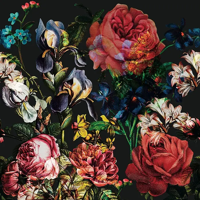 Marburg Smart Art Aspiration Fototapete Floral V - B x H: 2,65 mm x 270 cm, Vlies - Dunkles Blumenmuster mit Vintag-Illustrationen von roten Rosen, blauen Iris und weißen Lilien auf schwarzem Grund.