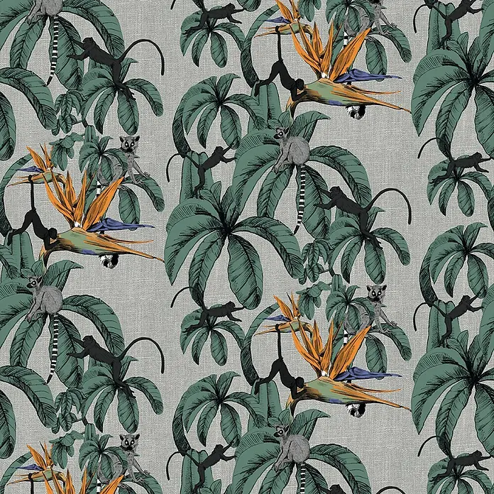 Marburg Smart Art Aspiration Fototapete Illustration II - B x H: 212 x 270 cm, Vlies, Grau-Grün-Orange - Tropischer Stoffmuster mit grünen Palmen, leuchtenden Paradiesvogelblumen, grauen Lemuren und schwarzen Affen.