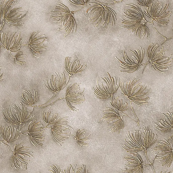 Marburg Whisper Vliestapete Floral I - Beige-Braun, Floral, 10,05 x 0,53 m - Golden geprägtes Blumenmuster auf strukturiertem beigem Hintergrund.