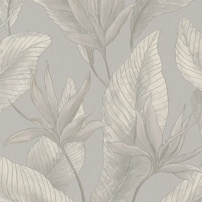 Marburg Whisper Vliestapete Floral - Taupe, Floral, 10,05 x 0,53 m - Hellgraue Tapete mit Muster aus großen, gedeckten beigen und grauen tropischen Blättern und Strelitzienblüten, mit feiner Textur.