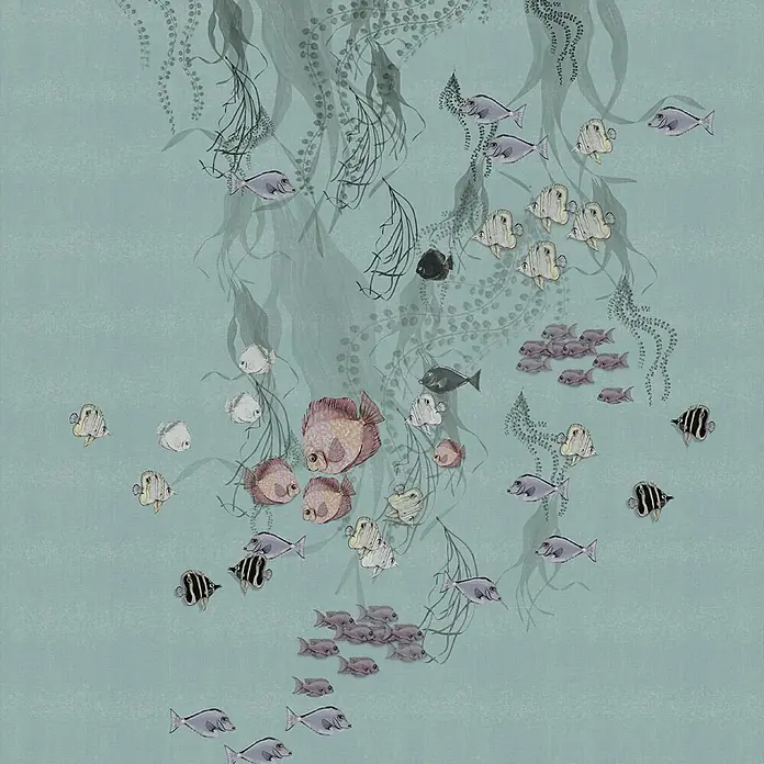 Marburg Smart Art Aspiration Fototapete Illustration - B x H: 212 x 270 cm, Vlies, Grün-Blau - Eine Unterwasserlandschaft mit verschiedenen Fischen, die zwischen detailreichen Algen und korallenartigen Elementen auf blau-grünem Grund schwimmen.
