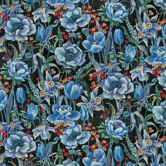 Marburg Smart Art Aspiration Fototapete Floral Design - B x H: 318 x 270 cm, Vlies - Aufwendiges blaues Blumenmuster mit Anemonen, Tulpen und Narzissen, rot akzentuiert, auf dunklem Hintergrund.