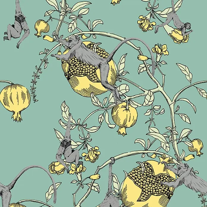 Marburg Smart Art Aspiration Fototapete Illustration III - B x H: 106 x 270 cm, Vlies, Gelb-Grün - Muster mit grauen Affen auf Ästen mit gelben Granatäpfeln und Blättern.