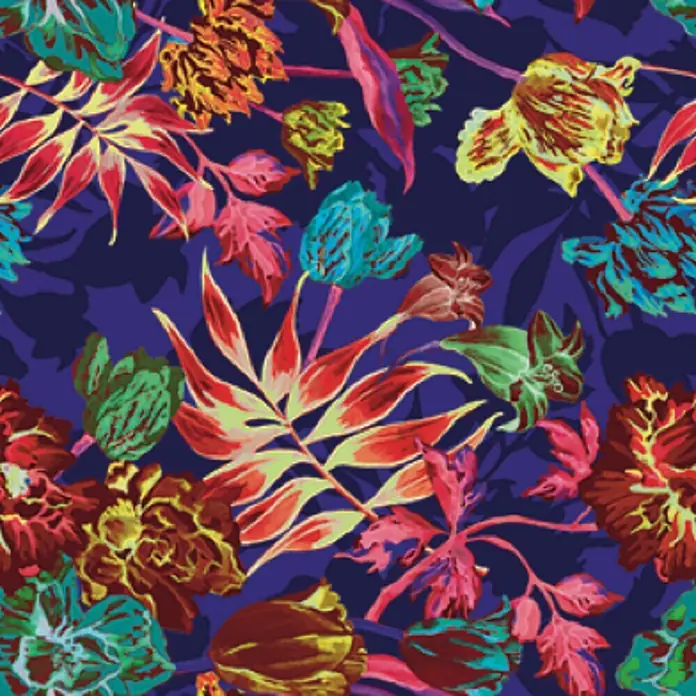 Marburg Smart Art Aspiration Fototapete Floral I - B x H: 159 mm x 270 cm, Vlies - Lebhaftes tropisches Blumenmuster mit bunten Blüten und Blättern auf dunkelblauem Hintergrund.