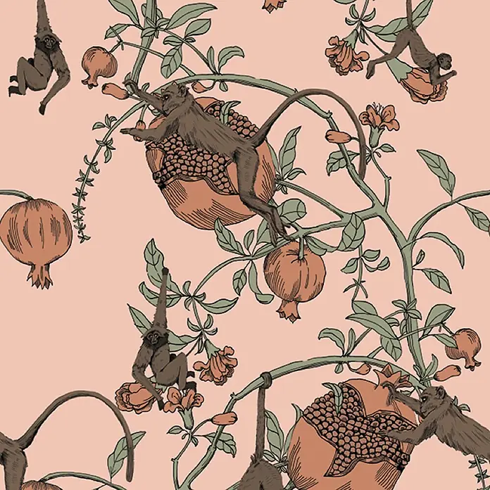 Marburg Smart Art Aspiration Fototapete Illustration III - B x H: 106 x 270 cm, Vlies, Rosa-Orange - Muster mit braunen Affen an Ästen mit grünen Blättern und orangen Granatäpfeln auf pfirsichfarbenem Hintergrund.