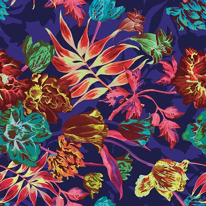 Marburg Smart Art Aspiration Fototapete Floral - B x H: 159 mm x 270 cm, Vlies - Lebendiges, handgemaltes Blumenmuster mit farbenfrohen Blüten und Blättern auf dunklem Hintergrund.