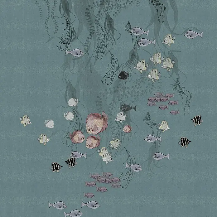 Marburg Smart Art Aspiration Fototapete Illustration - B x H: 212 x 270 cm, Vlies, Blau - Illustration einer Unterwasserszene mit verschiedenen bunten Fischen und dunklen Wasserpflanzen.