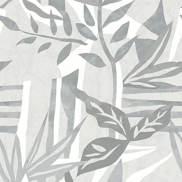 Marburg Fototapete Flower Illustration - B x H: 106 x 340 cm, Vlies, Weiß-Grau - Abstraktes grau-weißes botanisches Muster mit Blättern und Streifenmotiven.
