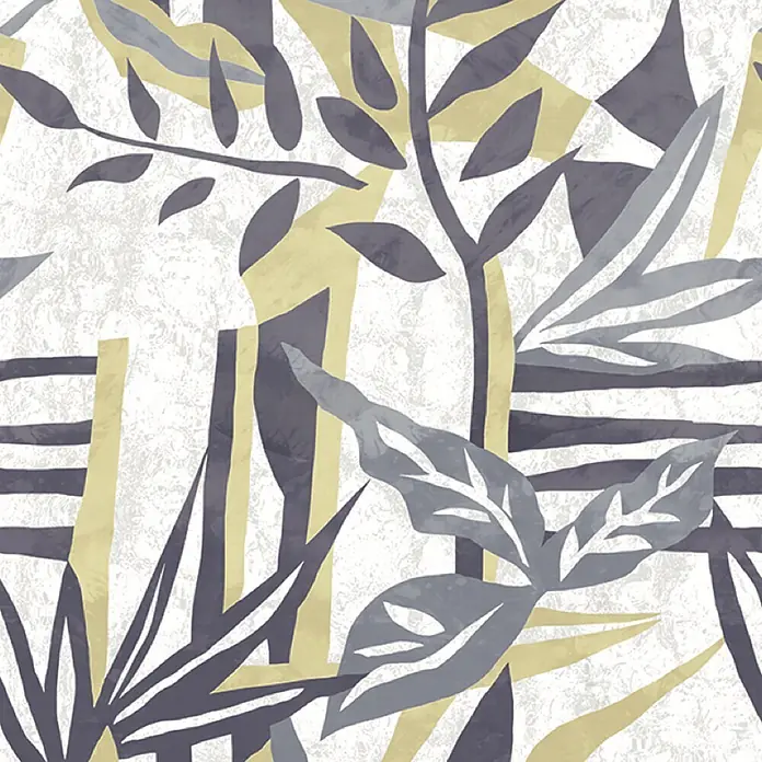 Marburg Fototapete Flower Illustration - B x H: 106 x 270 cm, Vlies, Weiß-Grau - Abstraktes botanisches Muster in Grau und Gelb mit geometrischen Elementen. Zeigt stilisierte Blätter, Zweige und Streifen.