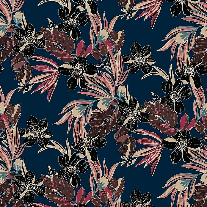 Marburg Smart Art Aspiration Fototapete Floral II - B x H: 212 x 270 cm, Vlies, Blau-Braun - Nahtloses Blumenmuster mit schwarzen, beigen, weinroten und rosa Blüten und Blättern auf dunkelblauem Grund.