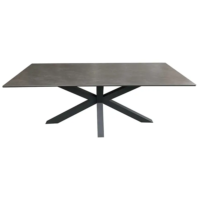 Bene Living Gartentisch Almeria - L x B x H: 200 x 90 x 76 cm, Aluminium Gestell mit gesinnerter Tischplatte aus Keramik, Rechteckig, Hellgrau - Rechteckiger grauer Esstisch mit Betonoptik-Platte und dunklem sternförmigem Metallgestell.