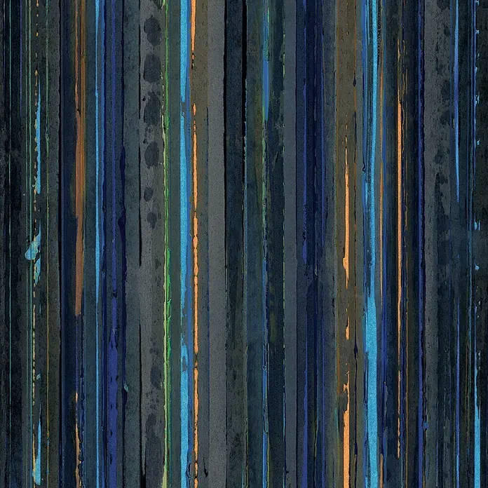 Marburg Smart Art Aspiration Fototapete Streifen I - B x H: 212 x 340 cm, Vlies, Blau - Abstraktes vertikales Streifenmuster mit dunklen Grau-, Blau-, Grün- und Orangestreifen, die wie Farbtropfen auf einer strukturierten Oberfläche wirken.