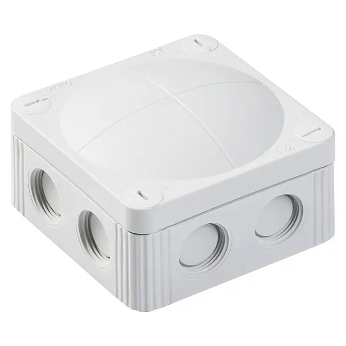 Wiska Feuchtraum-Abzweigdose COMBI 308 LG - 85 x 85 x 51 mm, Aufputz, IP66 - Eine quadratische, weiße Verteilerdose aus Kunststoff mit mehreren Öffnungen an den Seiten und einem gewölbten Deckel.