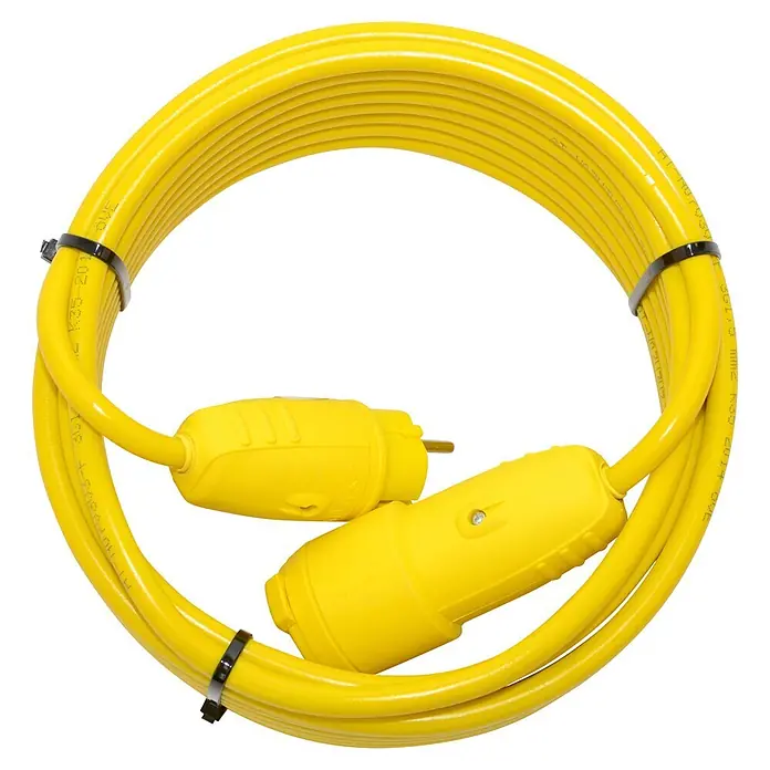 Verlängerungskabel Gummischutz-Kontaktstecker mit Kupplung - 25 m, Gelb, IP20 - Gelbes Verlängerungskabel mit Stecker und Kupplung, aufgerollt und mit Kabelbindern fixiert für einfachen Transport und Lagerung.