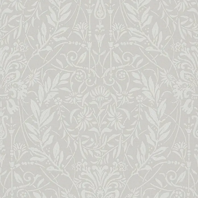 Marburg Vliestapete Novamur Oriana Floral I - Grau-Beige, Floral, 10,05 x 0,53 m - Hellgraue Tapete mit wiederholtem weißem Blumen- und Pflanzenmuster.