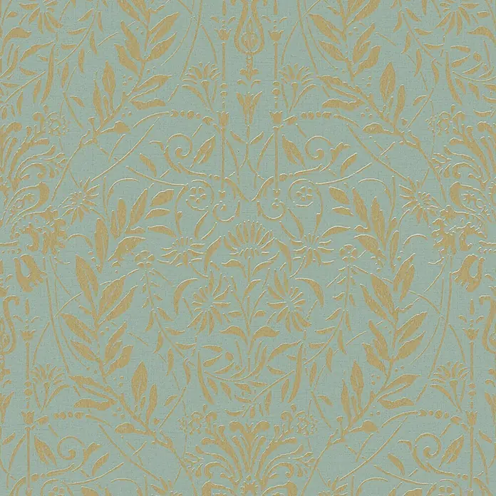 Marburg Vliestapete Novamur Oriana Floral I - Grün, Floral, 10,05 x 0,53 m - Türkise Tapete mit geprägtem goldenem Jugendstil-Blumenmuster.