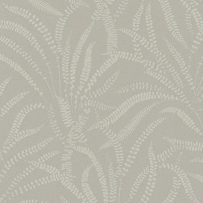 Marburg Vliestapete Novamur Oriana Floral - Grau-Beige, Floral, 10,05 x 0,53 m - Strukturierte beigefarbene Tapete mit wiederholtem weißem Farnmuster.