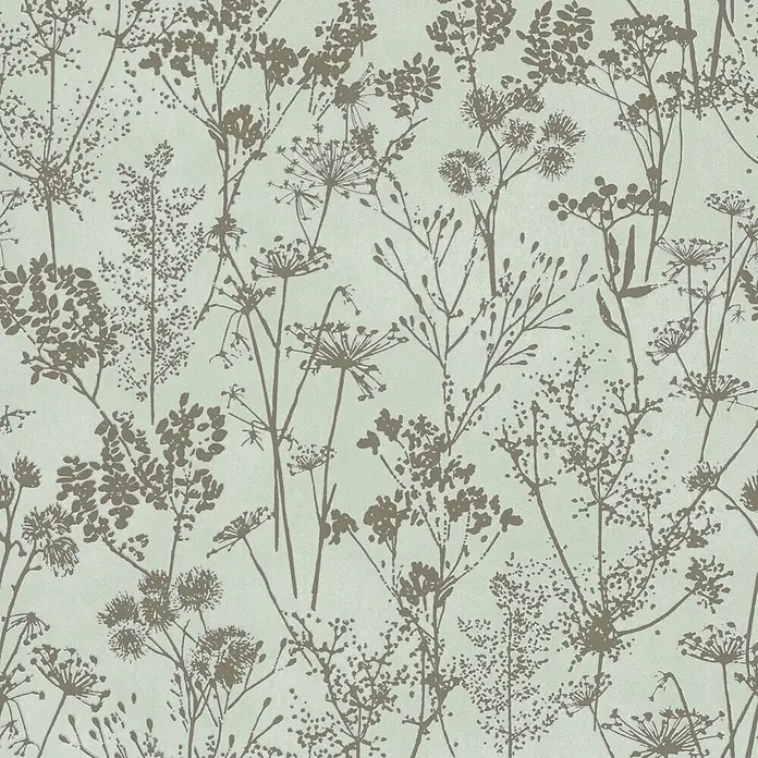 Marburg Vliestapete Novamur Mona Floral I - Grün-Gold, Floral, 10,05 x 0,53 m - Botanisches Muster mit graubraunen Pflanzensilhouetten.