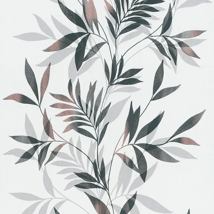 Marburg Vliestapete Novamur Mona Floral - Weiß-Schwarz, Floral, 10,05 x 0,53 m - Wiederholendes Muster aus stilisierten Blättern in Dunkelgrün, Rotbraun und Hellgrau.