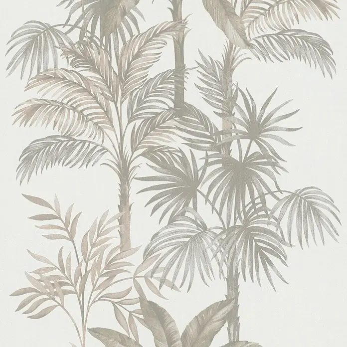 Marburg Vliestapete Novamur Leyla Floral I - Weiß-Beige, Floral, 10,05 x 0,53 m - Tapete mit einem dezenten botanischen Muster aus Palmen und tropischen Blättern in Hellbraun- und Grautönen.