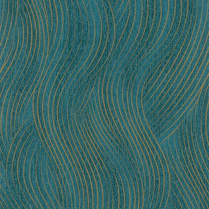 Marburg Vliestapete Novamur Mona Grafik - Grün-Gold, Grafisch, 10,05 x 0,53 m - Türkise Tapete mit feiner Textur und eleganten, fließenden goldenen Wellenmustern.