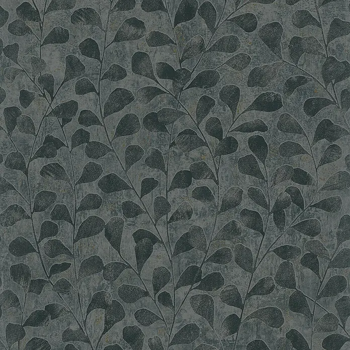 Marburg Vliestapete Novamur Naomi Floral - Grau, Floral, 10,05 x 0,53 m - Dunkelblau-graue Tapete mit stilisierten dunkleren Blättern auf Stielen und zarten Goldakzenten, in Used-Optik.