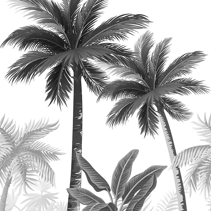 Marburg Smart Art Easy Fototapete Palmen I - B x H: 159 mm x 270 cm, Vlies, Schwarz-Weiß - Graustufen-Vektorillustration mit mehreren Palmen und tropischen Blättern.