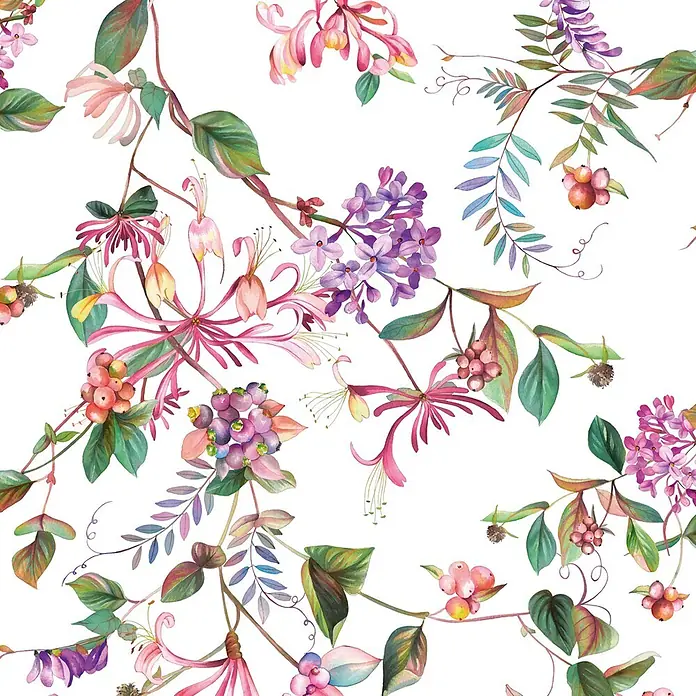 Marburg Flora Vliestapete Floral I - Weiß-Rosa-Grün, Floral, 10,05 x 0,53 m - Aquarellmuster mit rosa Geißblatt, lila Flieder, bunten Beeren und grünem Laub.