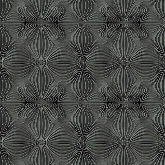 Marburg Smart Art Aspiration Fototapete Grafisch - B x H: 159 mm x 270 cm, Vlies, Anthrazit - Dunkelgraues strukturiertes Wandpaneel mit geprägtem, sich wiederholendem Wellen-Blumenmuster.