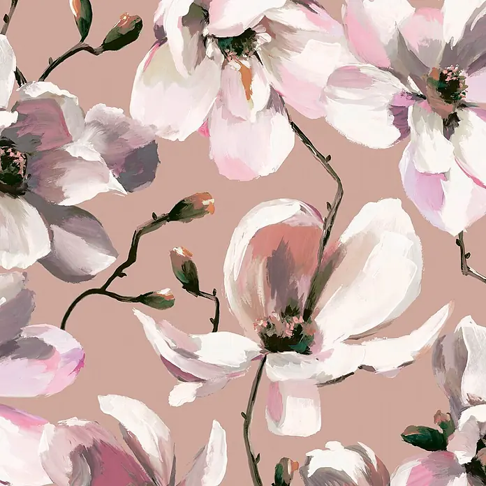 Marburg Flora Vliestapete Floral III - Braun-Weiß-Rosa, Floral, 10,05 x 0,53 m - Gemaltes Muster aus weißen und rosa Magnolien auf altrosa Hintergrund, ideal für Textil oder Deko.