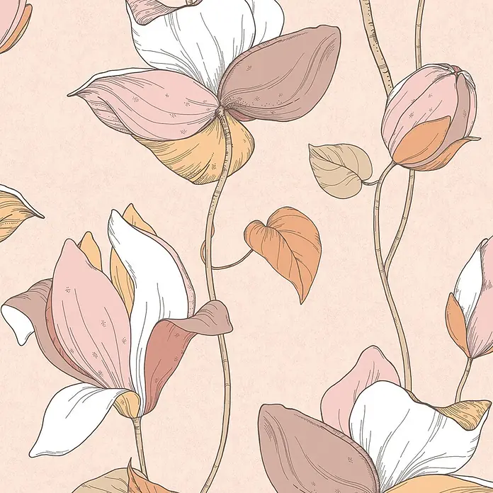 Marburg Flora Vliestapete Flora V - Beige-Braun-Orange, Floral, 10,05 x 0,53 m - Nahtloses Muster handgezeichneter Magnolien in Rosa, Weiß, Braun und Orange auf strukturiertem pfirsichfarbenem Hintergrund.