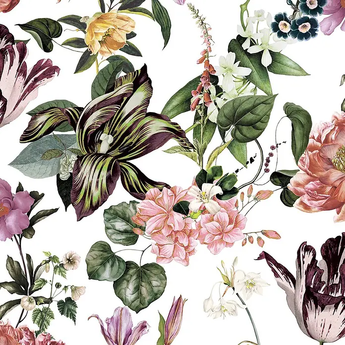 Marburg Flora Vliestapete Flora II - Weiß-Rosa-Grün, Floral, 10,05 x 0,53 m - Lebhaftes botanisches Muster mit detaillierten Illustrationen von bunten Tulpen, Fingerhüten und anderen Blumen mit grünen Blättern.