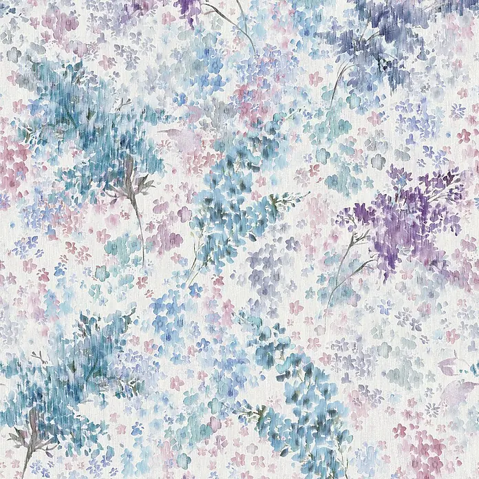 Marburg Flora Vliestapete Floral - Weiß-Blau-Lila, Floral, 10,05 x 0,53 m - Nahtloses Aquarell-Blumenmuster in Blau-, Violett- und Rosatönen.