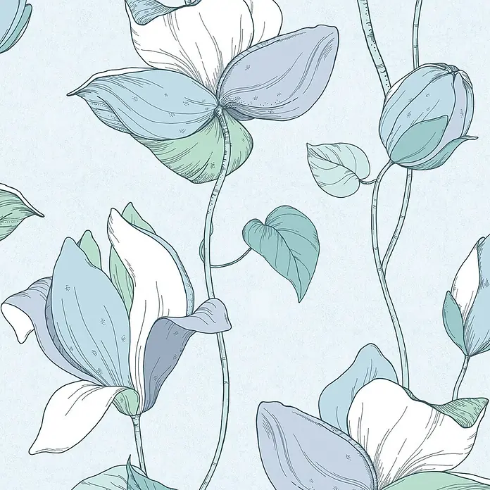 Marburg Flora Vliestapete Flora V - Blau-Grün, Floral, 10,05 x 0,53 m - Nahtloses Muster eleganter, handgezeichneter blauer und grüner Blumen auf hellblauem strukturiertem Hintergrund.