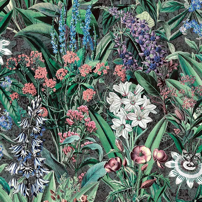Marburg Flora Vliestapete Flora VI - Schwarz-Grün, Floral, 10,05 x 0,53 m - Lebhaftes botanisches Muster mit farbenfrohen Blumen und üppig grünen Blättern auf dunklem Hintergrund.