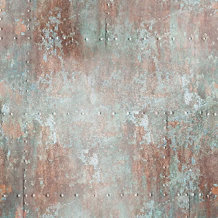 Marburg Smart Art Easy Fototapete Holzoptik - B x H: 159 mm x 270 cm, Vlies, Grau-Rot - Rostige Metalltextur mit abblätternder blau-grüner Farbe und silbernen Nieten.