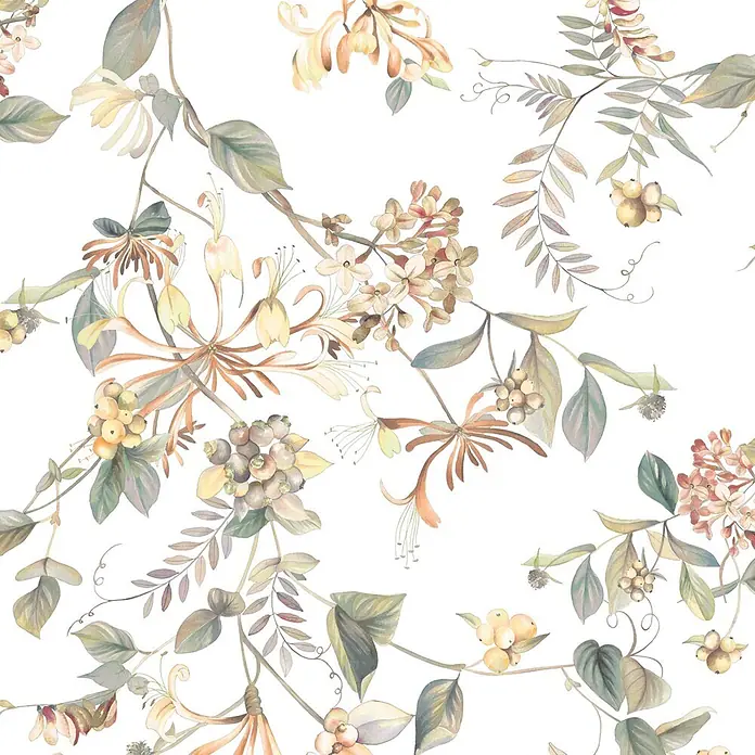 Marburg Flora Vliestapete Floral I - Weiß-Grün, Floral, 10,05 x 0,53 m - Gedämpftes Aquarell-Blumenmuster mit zarten Blüten, grünen Blättern und verschiedenen Beeren.