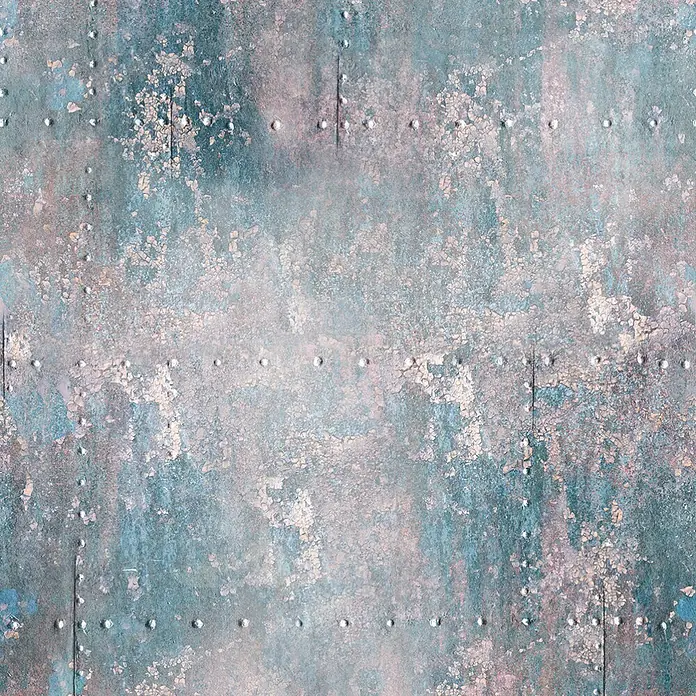 Marburg Smart Art Easy Fototapete Holzoptik - B x H: 159 mm x 270 cm, Vlies, Blau-Rot - Verwitterte Metalltextur mit abblätternder blaugrüner und verblasster rosa Farbe, mit Nietenreihen.